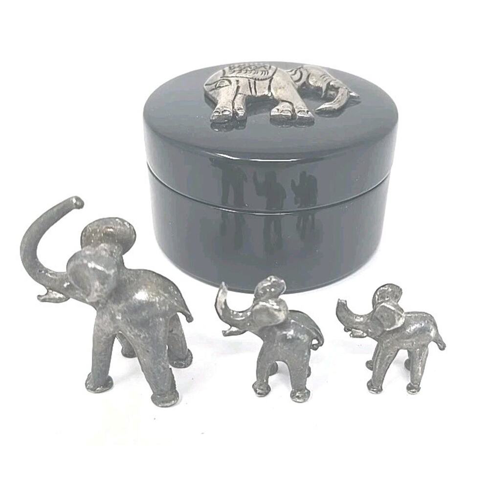 Vintage Trinket Box Thai Theme Elephant Design with 3 Pewter Elephants